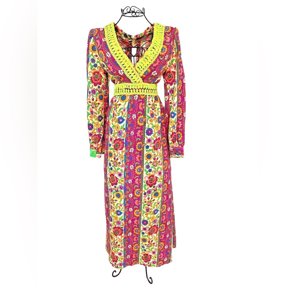 VTG 1960s Folkloric Floral Maxi Dress W/ Crochet Trim, Bohemian Handmade Dress